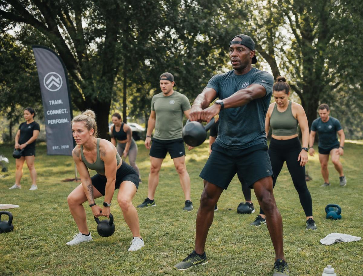 Bootcamp group doing kettlebell swings outdoors