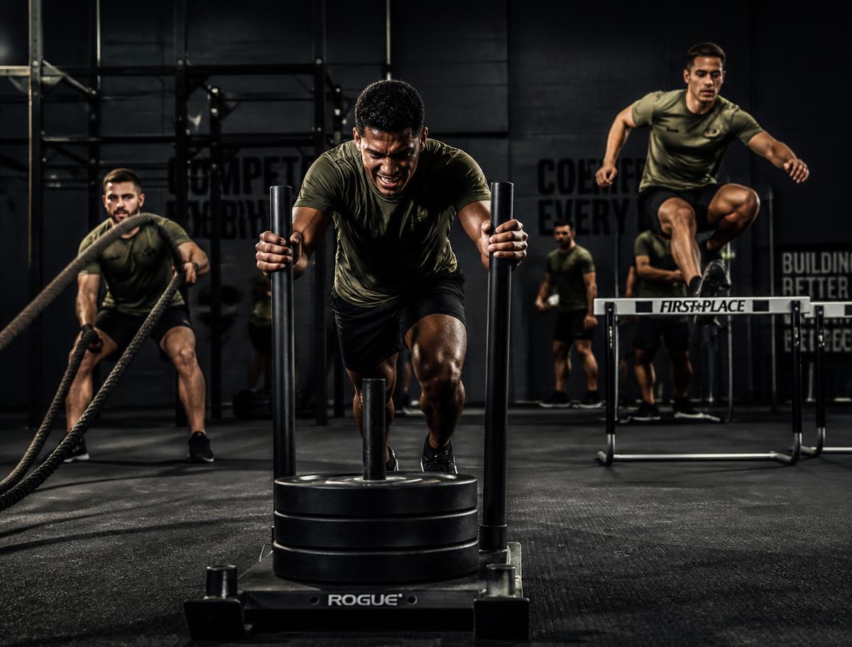 Athletes pushing sleds and clearing hurdles in a gym
